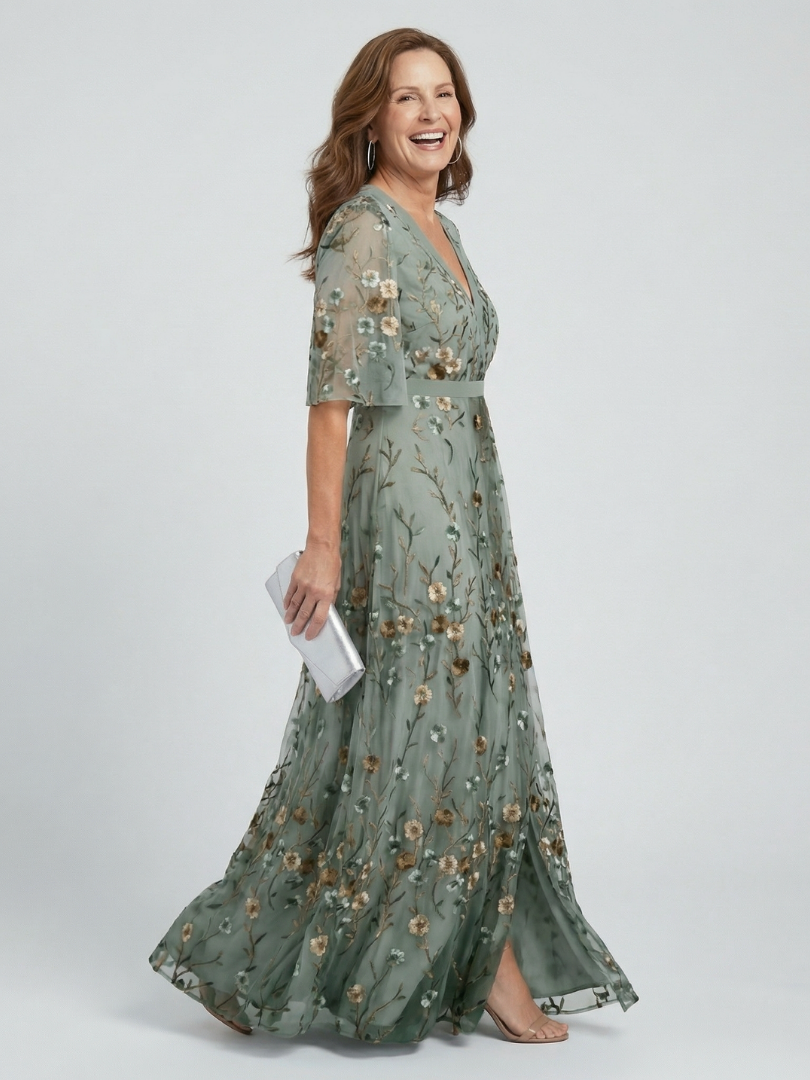 Sage | Floral Embroidered Maxi Dress with V-Neck and Flutter Sleeves