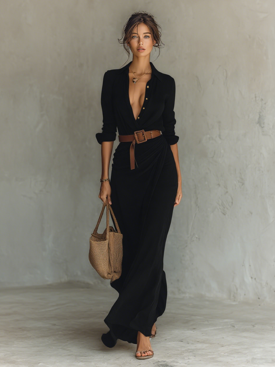 Maxi Dress with Notched Collar and Long Sleeves