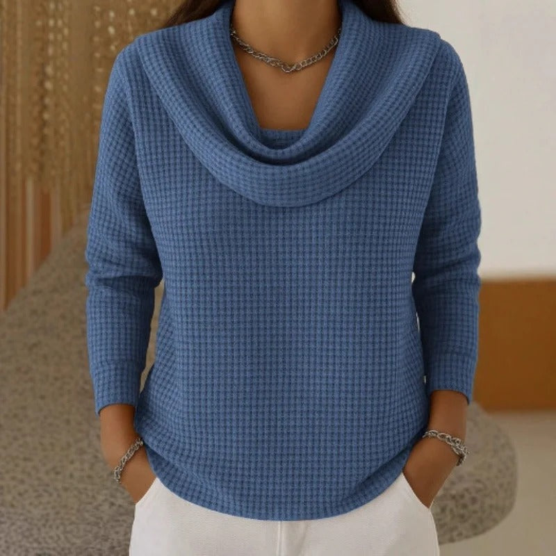 Amber™ – Warm Waffle Sweater with Elegant Waterfall Neckline