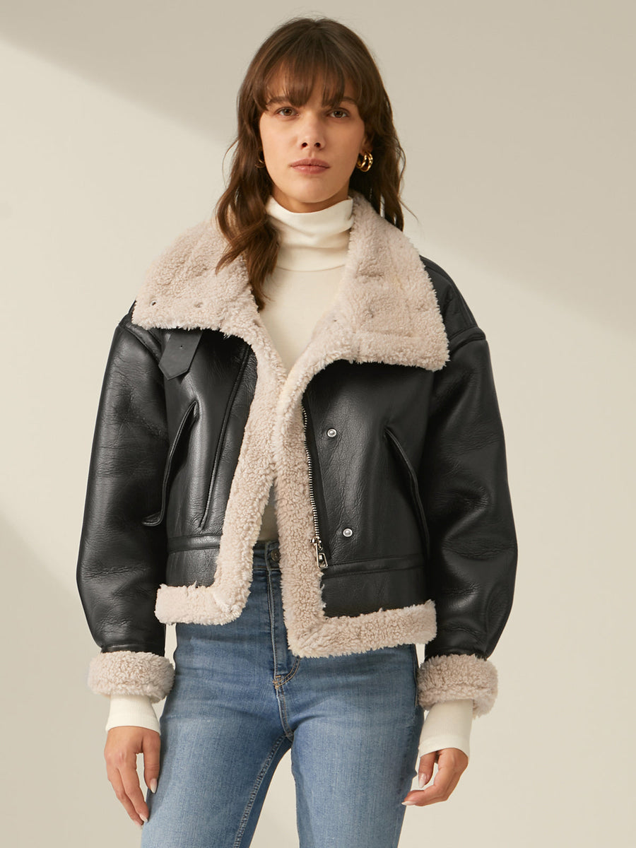 Women's Faux Leather Flight Jacket with Sherpa Lining