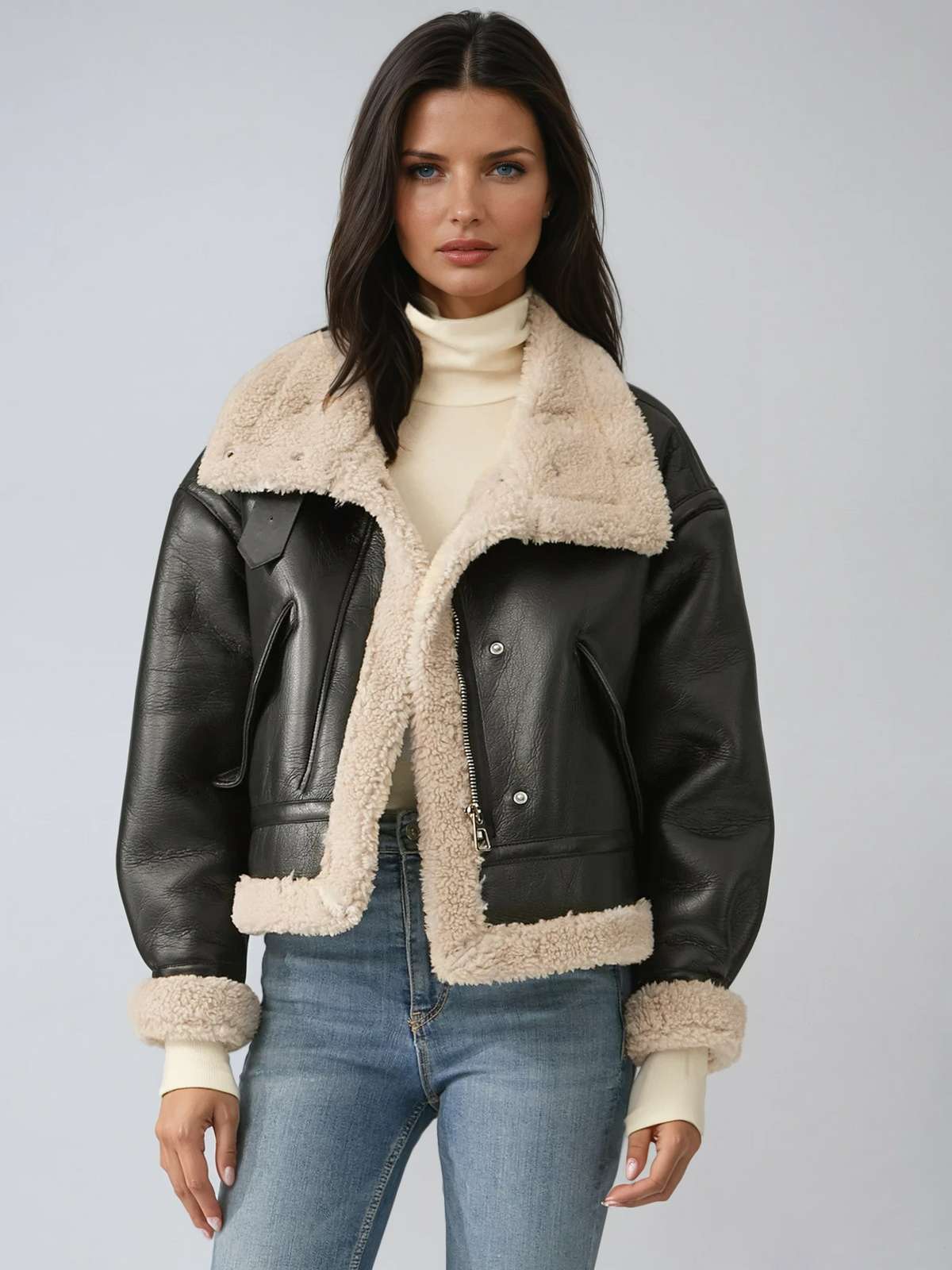 Women's Faux Leather Flight Jacket with Sherpa Lining