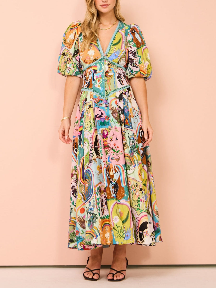 Casual Midi Dress with Graffiti Print Evergreen