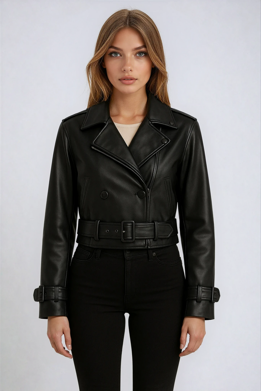 Women's Cropped Faux Leather Trench Jacket