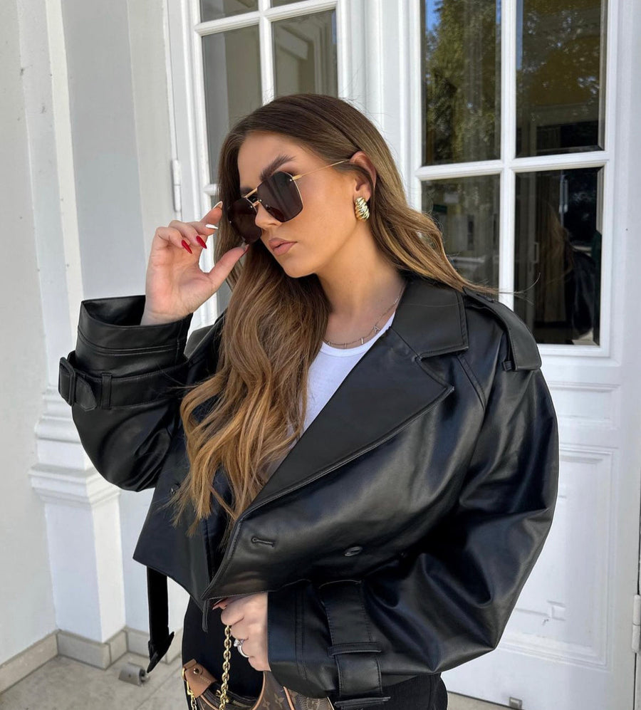 Women's Cropped Faux Leather Trench Jacket