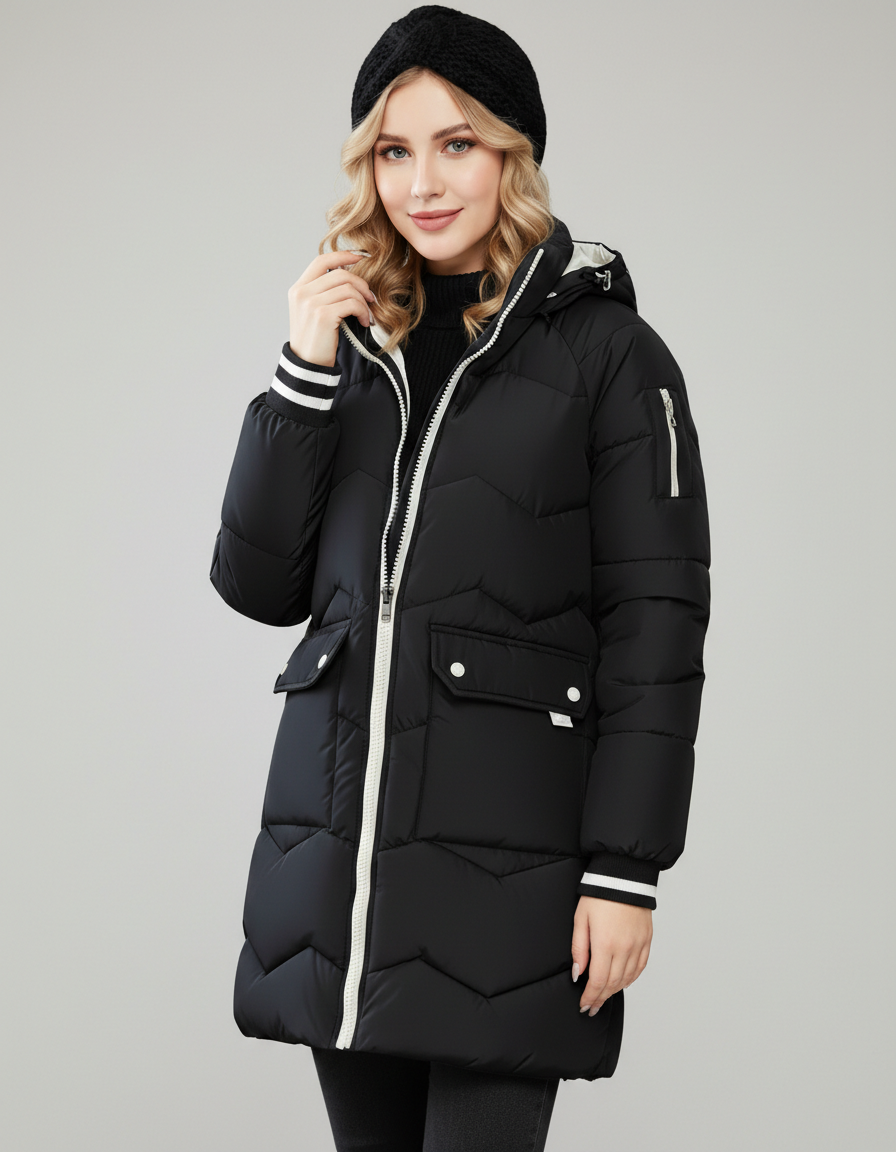 Sporty Hooded Long Puffer Coat with Contrast Lining