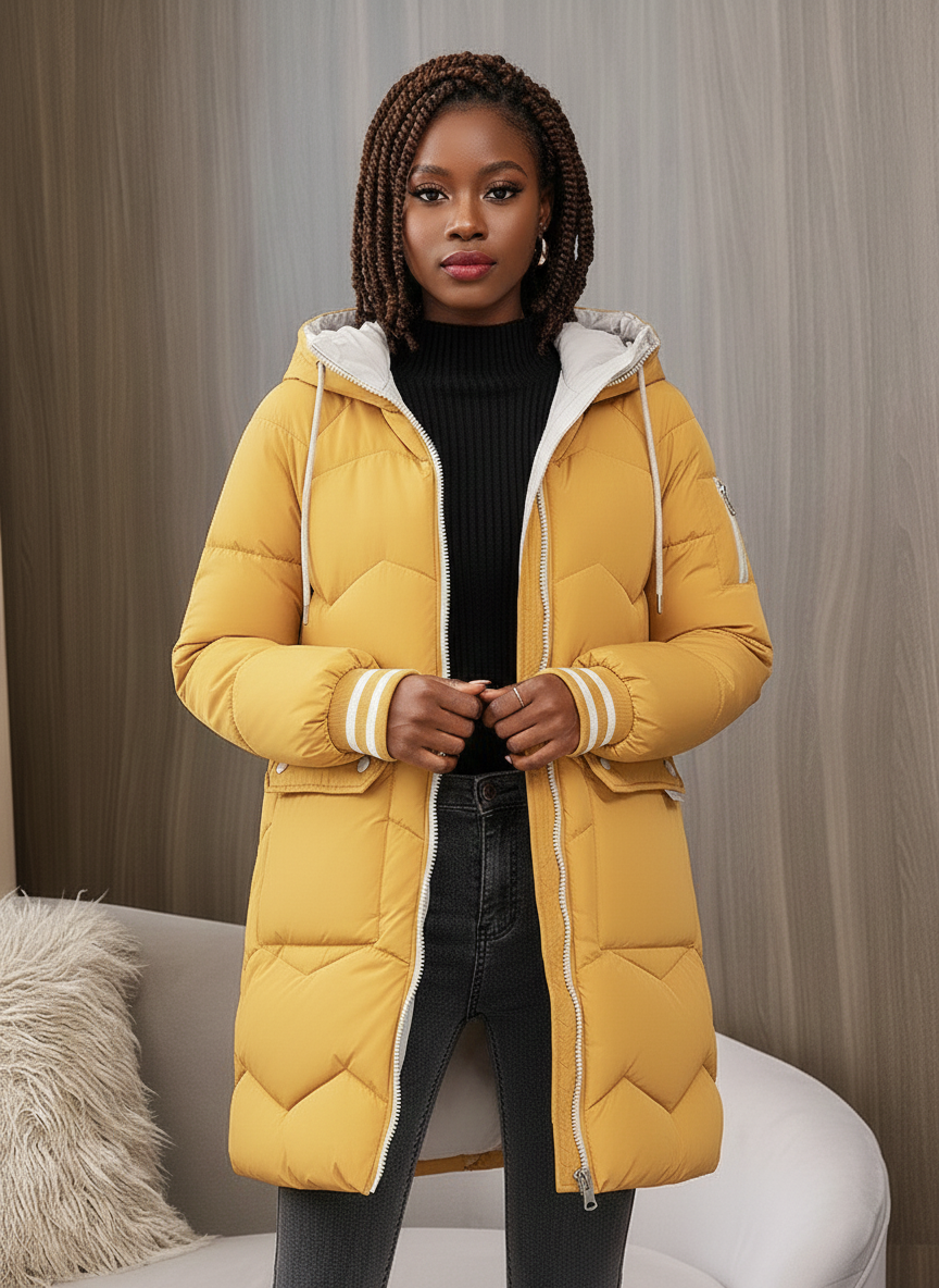 Sporty Hooded Long Puffer Coat with Contrast Lining