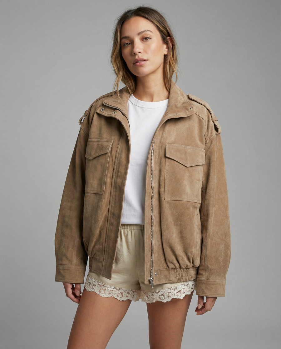 Women’s Oversized Suede Hooded Jacket with Zip Front and Utility Pocket Design