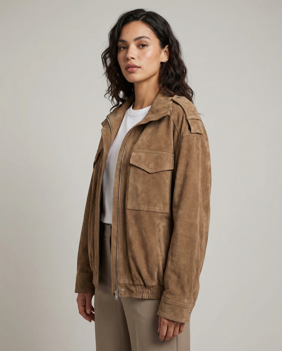Women’s Oversized Suede Hooded Jacket with Zip Front and Utility Pocket Design