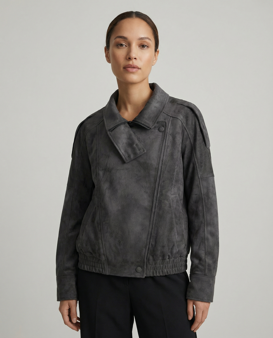 Women’s Oversized Faux Suede Jacket with Asymmetrical Collar and Modern Utility Silhouette
