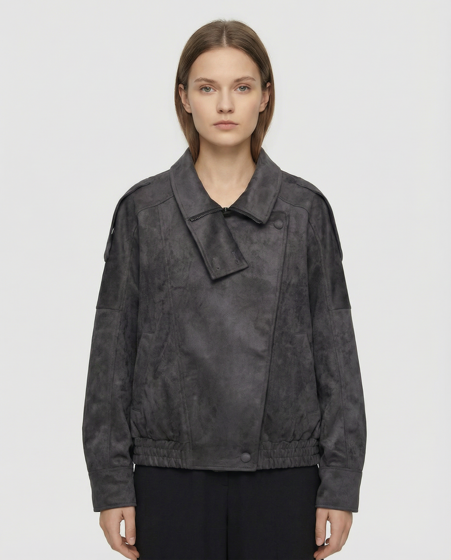 Women’s Oversized Faux Suede Jacket with Asymmetrical Collar and Modern Utility Silhouette