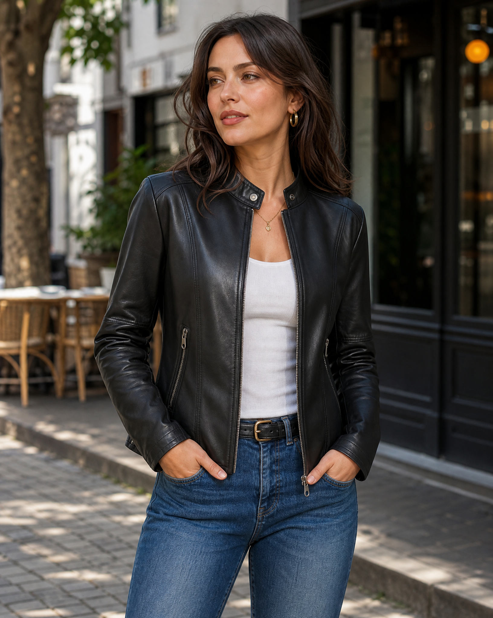 Women's Sleek Modern Tailored Jacket — Structured Long-Sleeve Lapel Blazer Coat