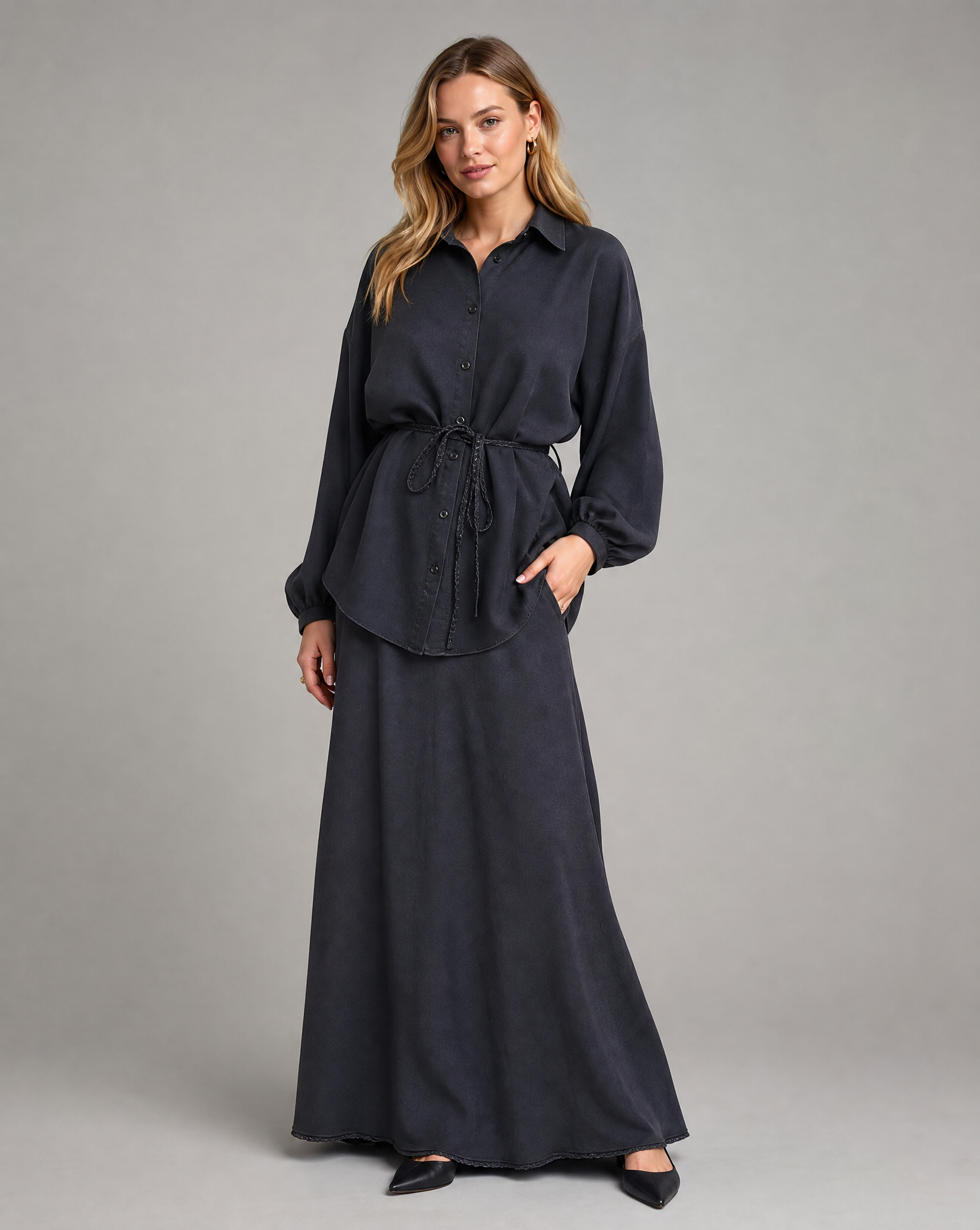 Women's Long Sleeve Tie-Front Shirt and Skirt Two-Piece Set