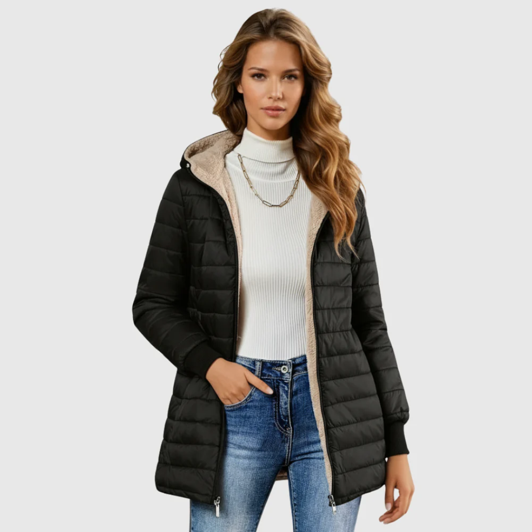 Women's Sherpa-Lined Winter Coat — Plush Long-Sleeve Insulated Hooded Overcoat
