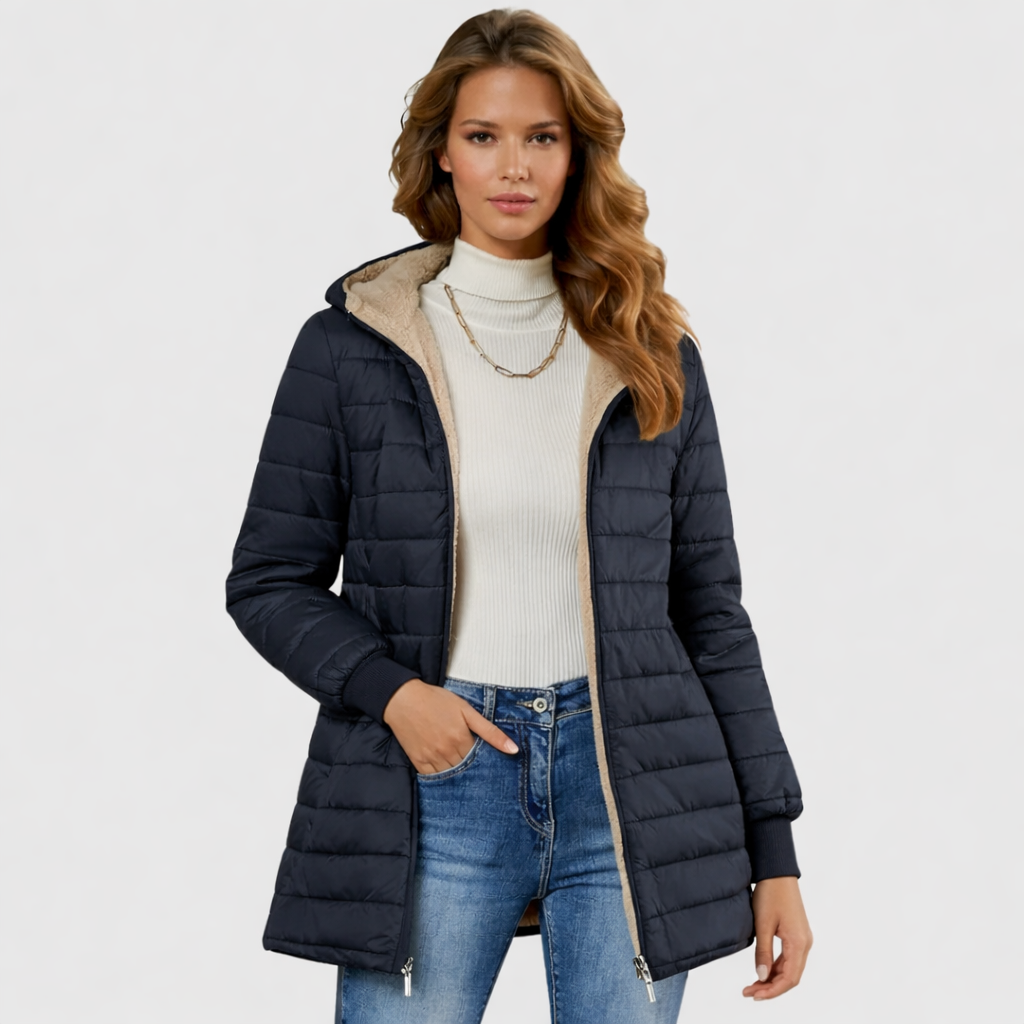 Women's Sherpa-Lined Winter Coat — Plush Long-Sleeve Insulated Hooded Overcoat