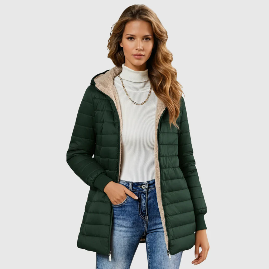 Women's Sherpa-Lined Winter Coat — Plush Long-Sleeve Insulated Hooded Overcoat