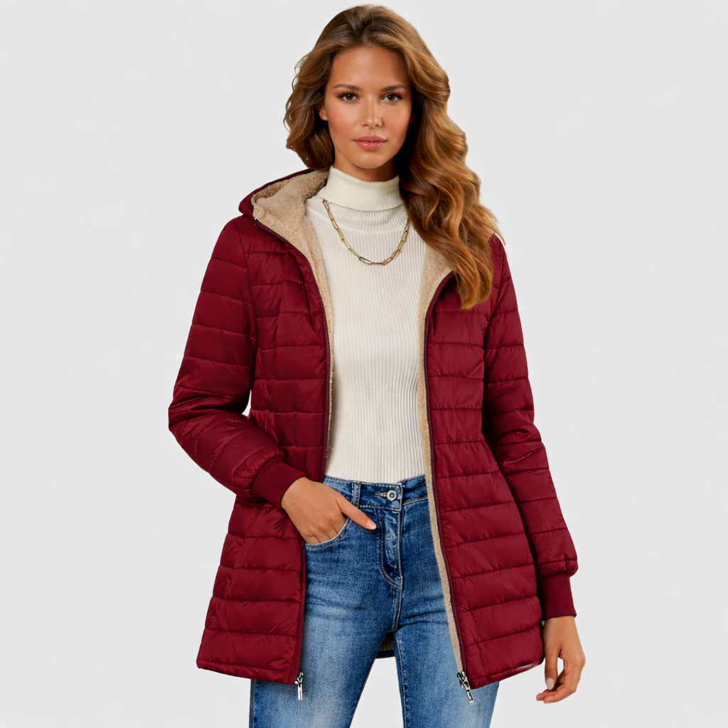 Women's Sherpa-Lined Winter Coat — Plush Long-Sleeve Insulated Hooded Overcoat