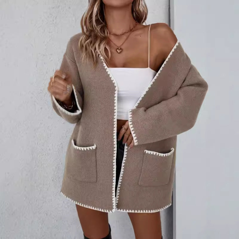 Open Front Long Sleeve Cardigan - Knit Pocket Cardigan