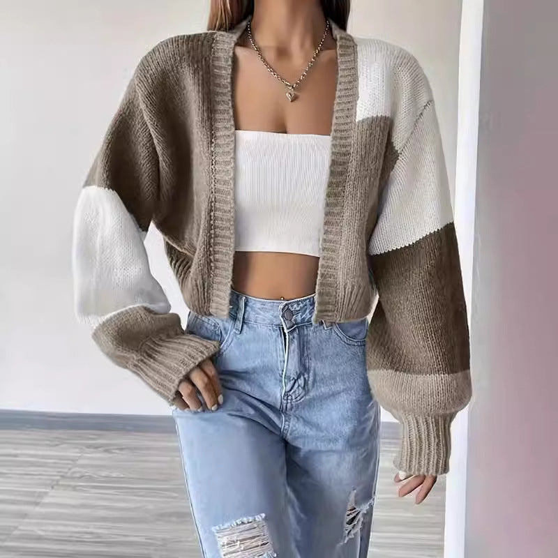Cropped Color Block Cardigan - Knit Button Front Sweater