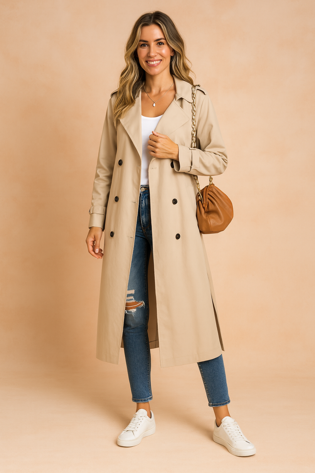 Long Double-Breasted Trench Coat with Belt for Women