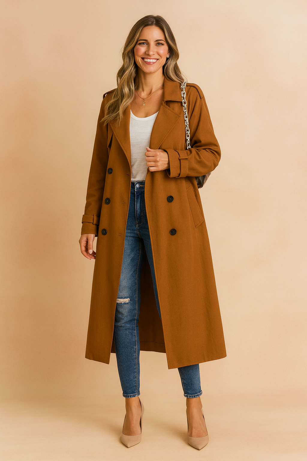 Long Double-Breasted Trench Coat with Belt for Women