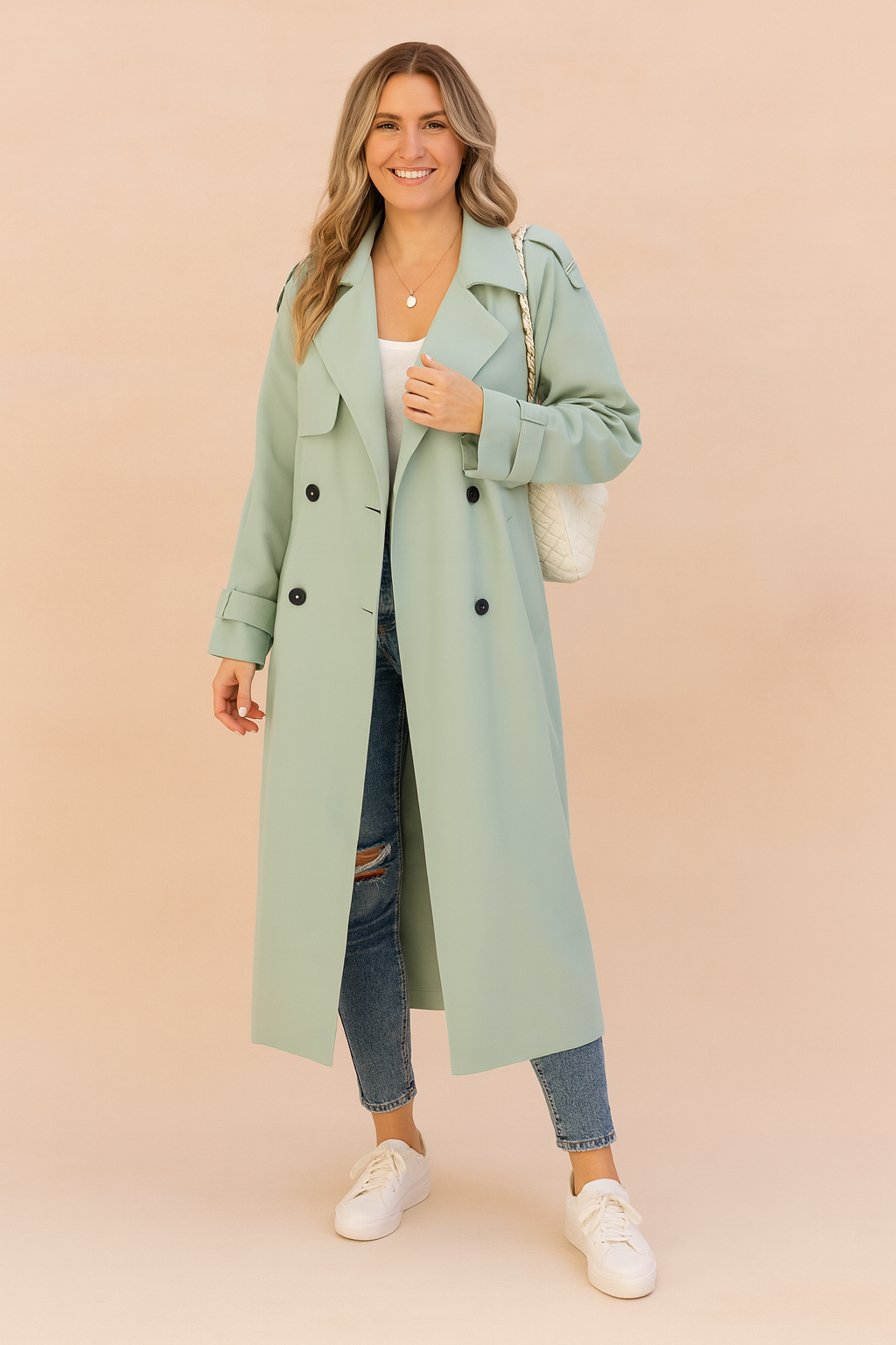 Long Double-Breasted Trench Coat with Belt for Women