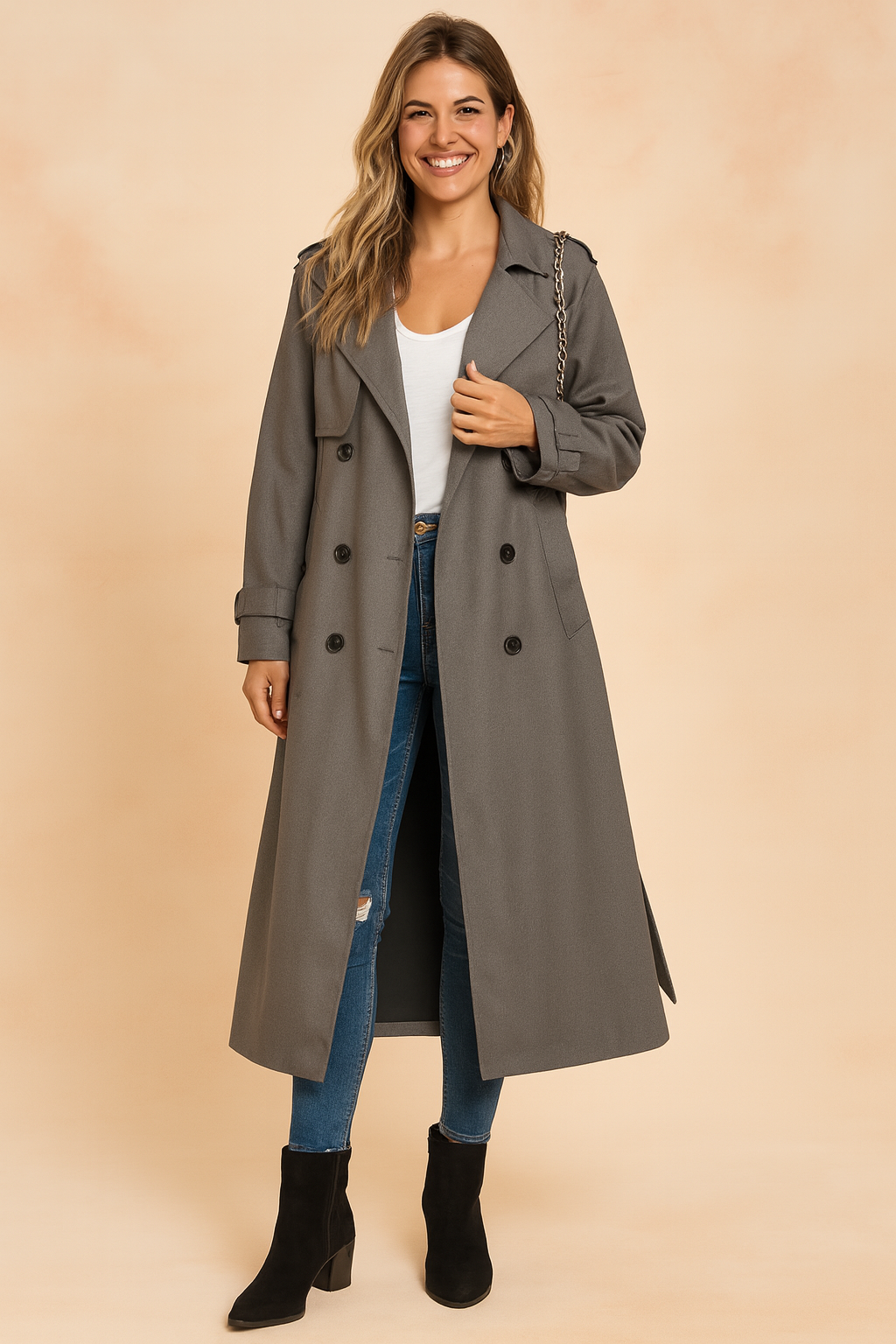 Long Double-Breasted Trench Coat with Belt for Women