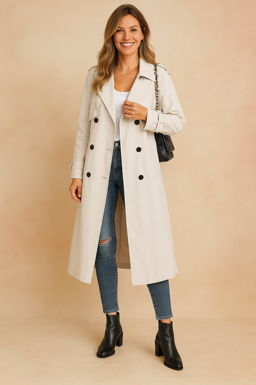 Long Double-Breasted Trench Coat with Belt for Women