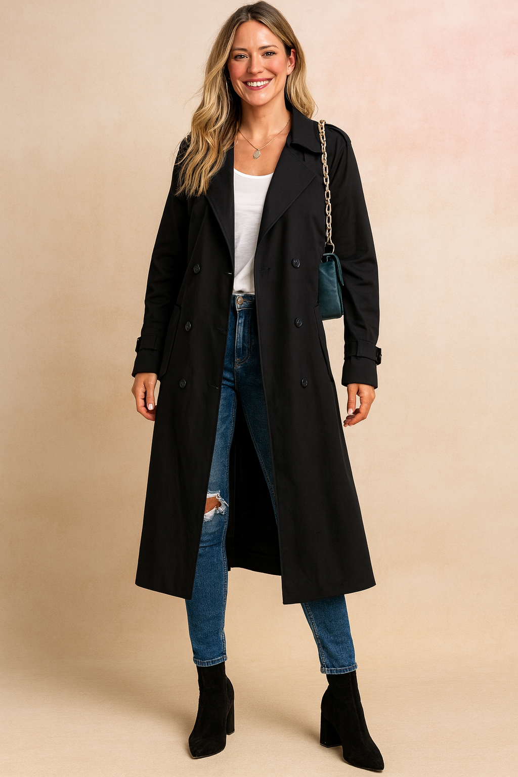Long Double-Breasted Trench Coat with Belt for Women