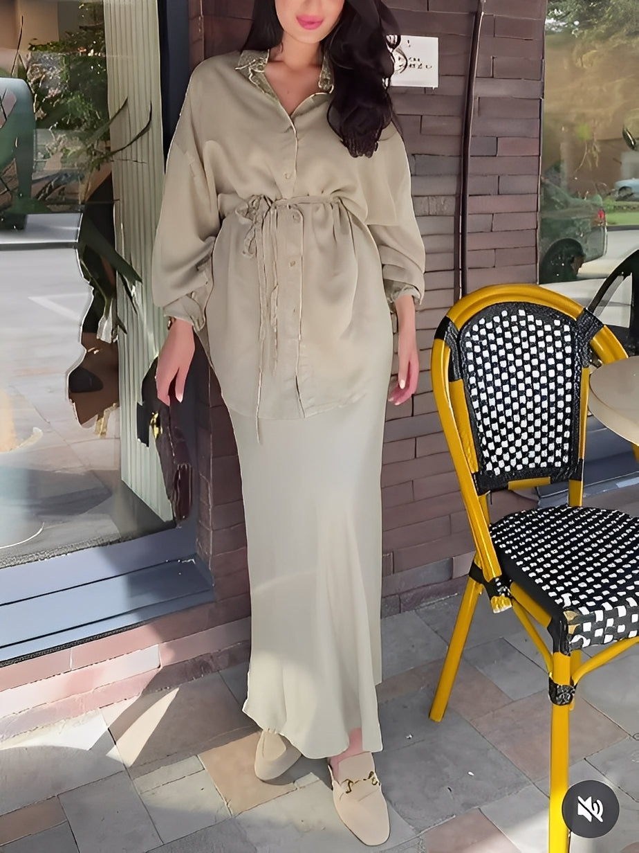 Women's Long Sleeve Tie-Front Shirt and Skirt Two-Piece Set