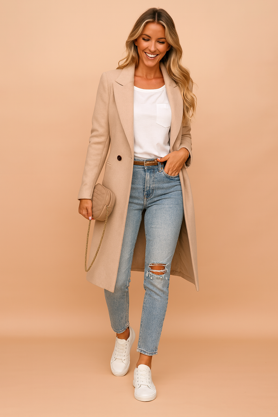 Classic Double-Breasted Wool Blend Longline Coat