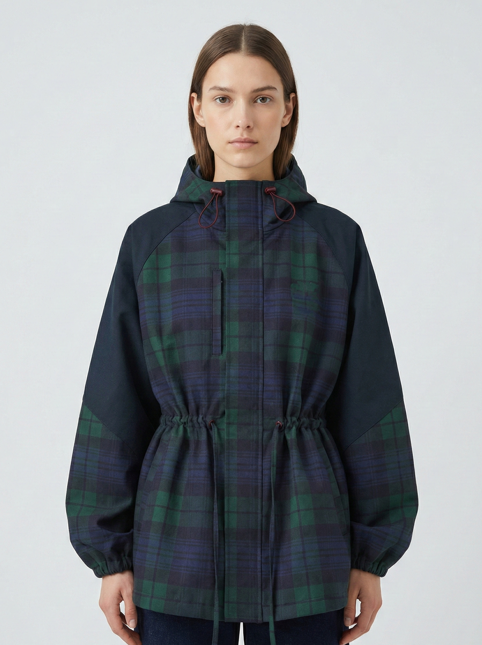 Women’s Oversized Plaid Hooded Jacket with Adjustable Waist and Utility-Inspired Design