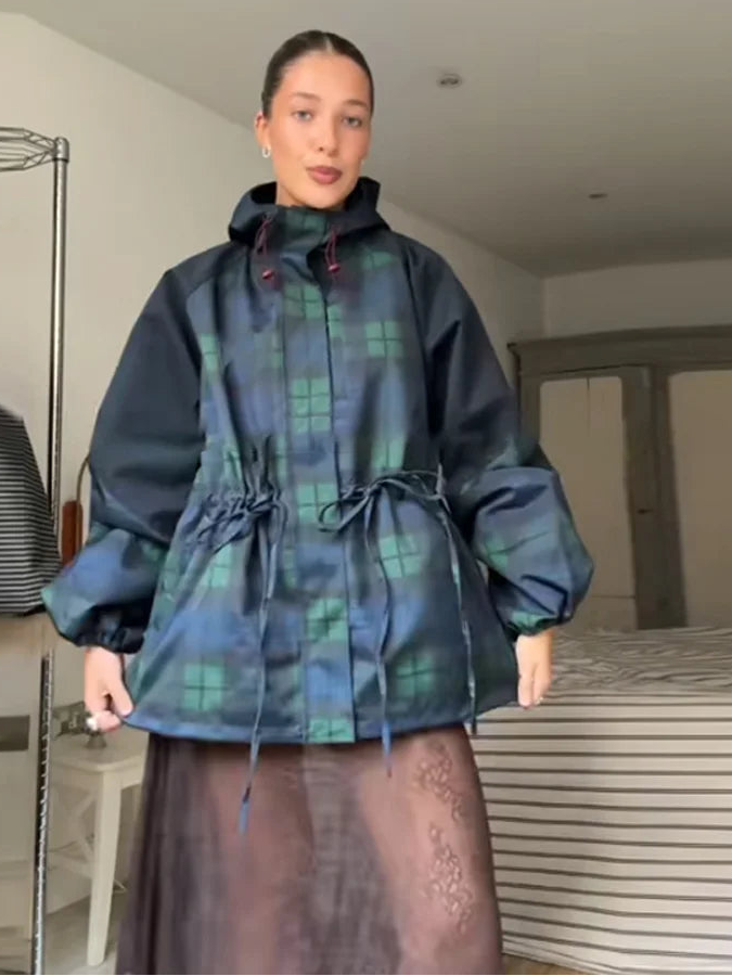 Women’s Oversized Plaid Hooded Jacket with Adjustable Waist and Utility-Inspired Design