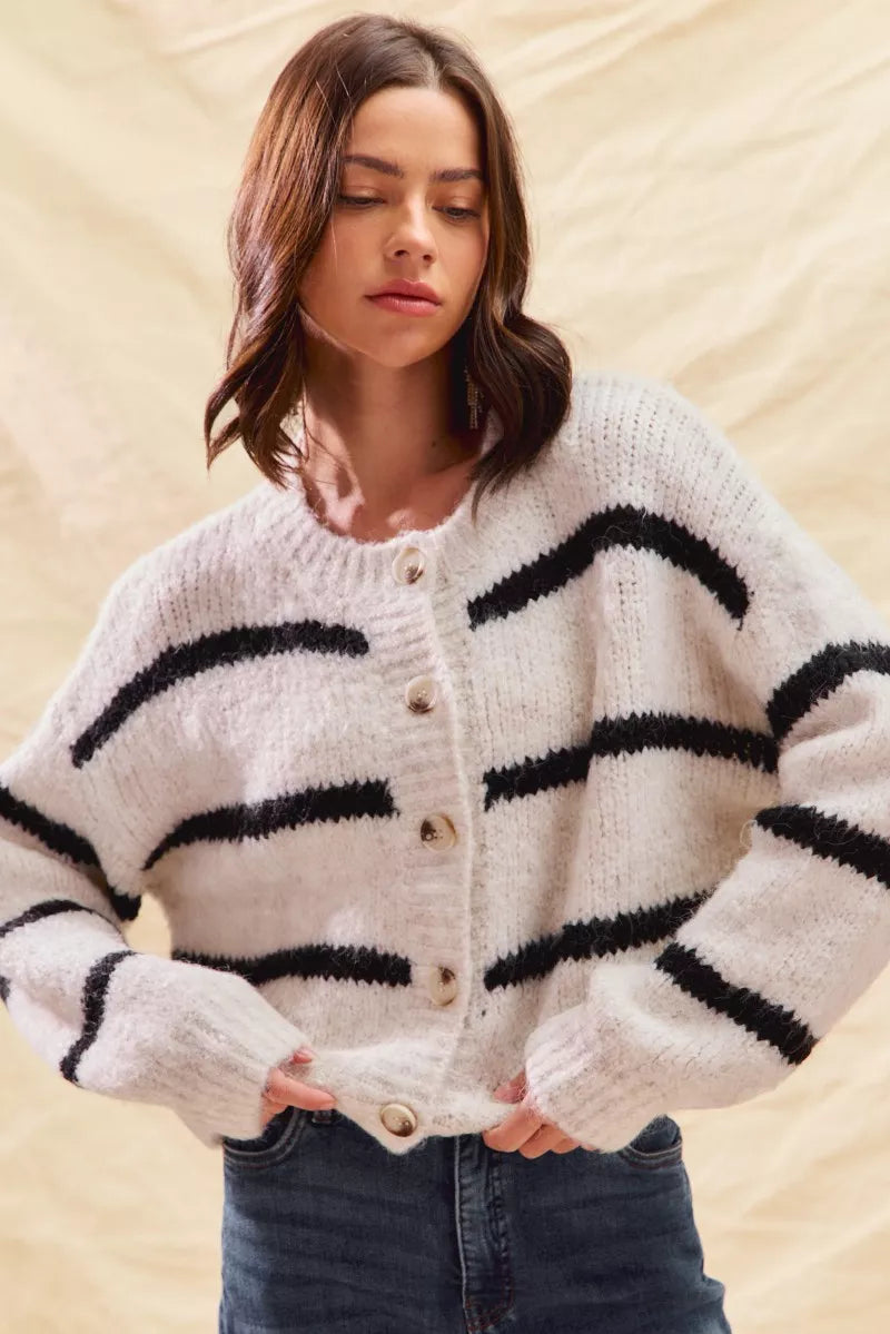 Striped Button-Down Winter Cardigan - Classic Knit Sweater