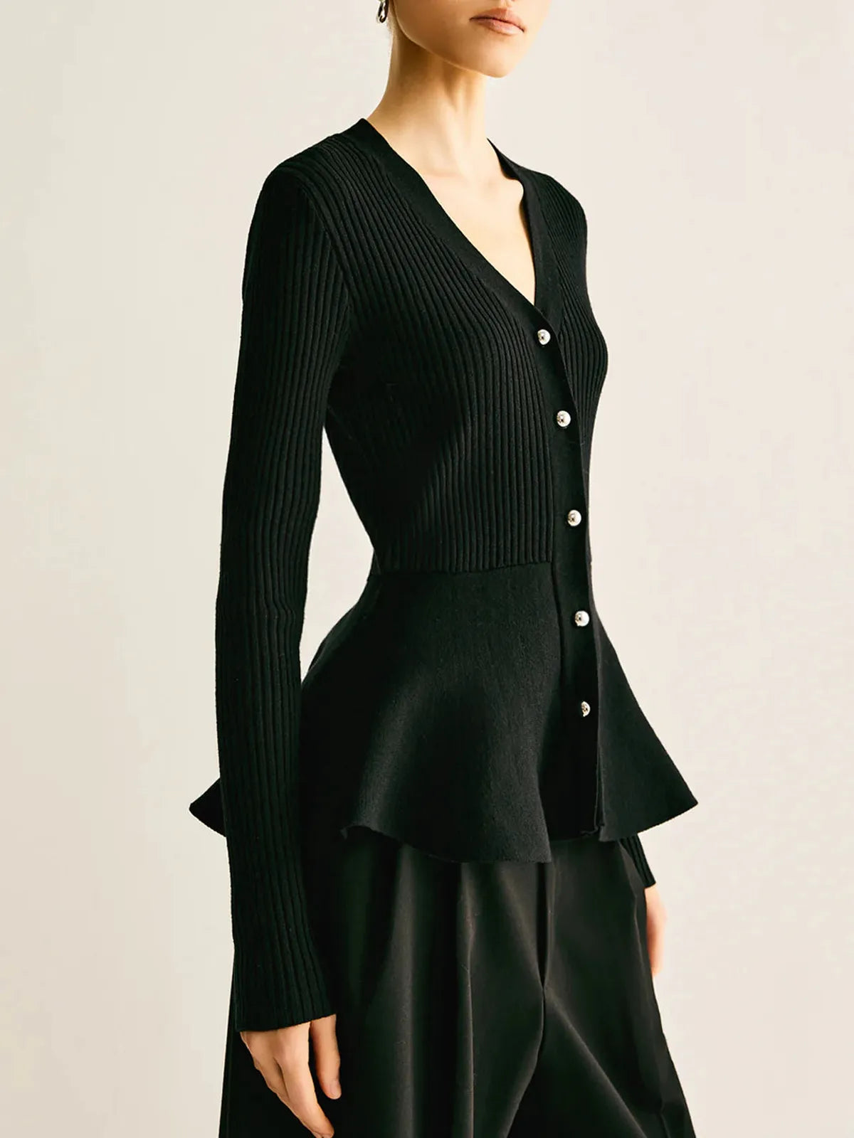 Ribbed Peplum Button Knit Top