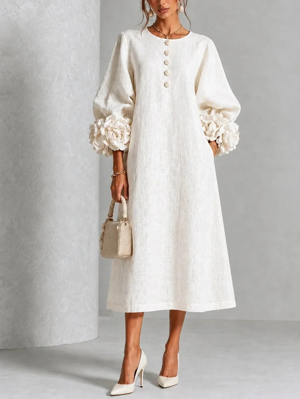Adeline | 3D Floral O-Neck Lantern-Sleeve Midi Dress for Women