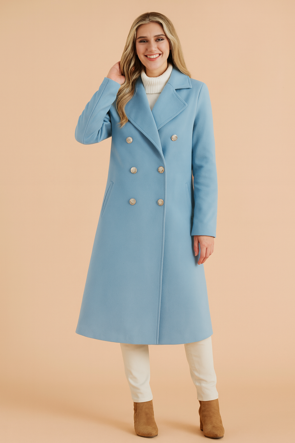 Tailored Double-Breasted Longline Coat with Lapel Collar