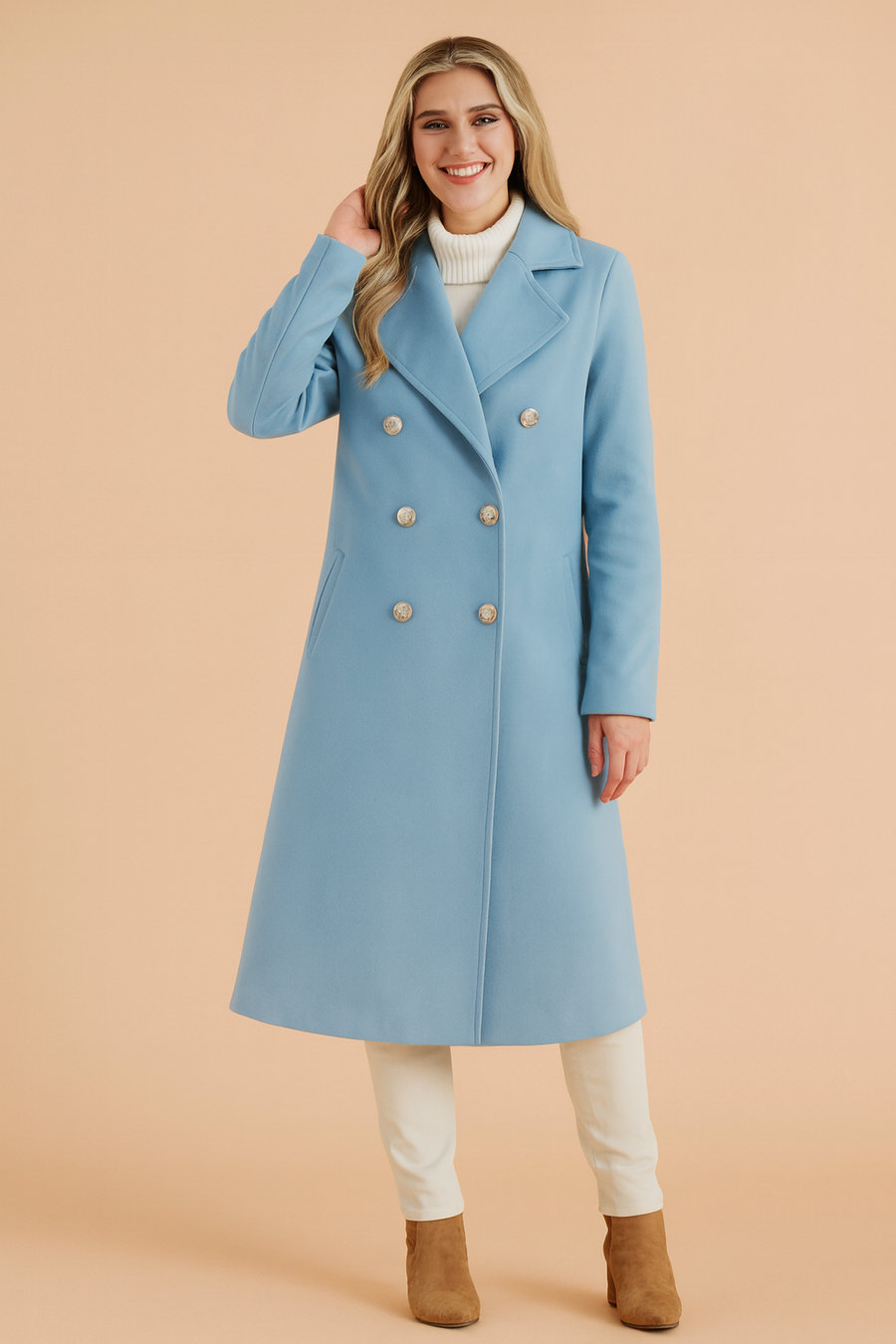 Tailored Double-Breasted Longline Coat with Lapel Collar