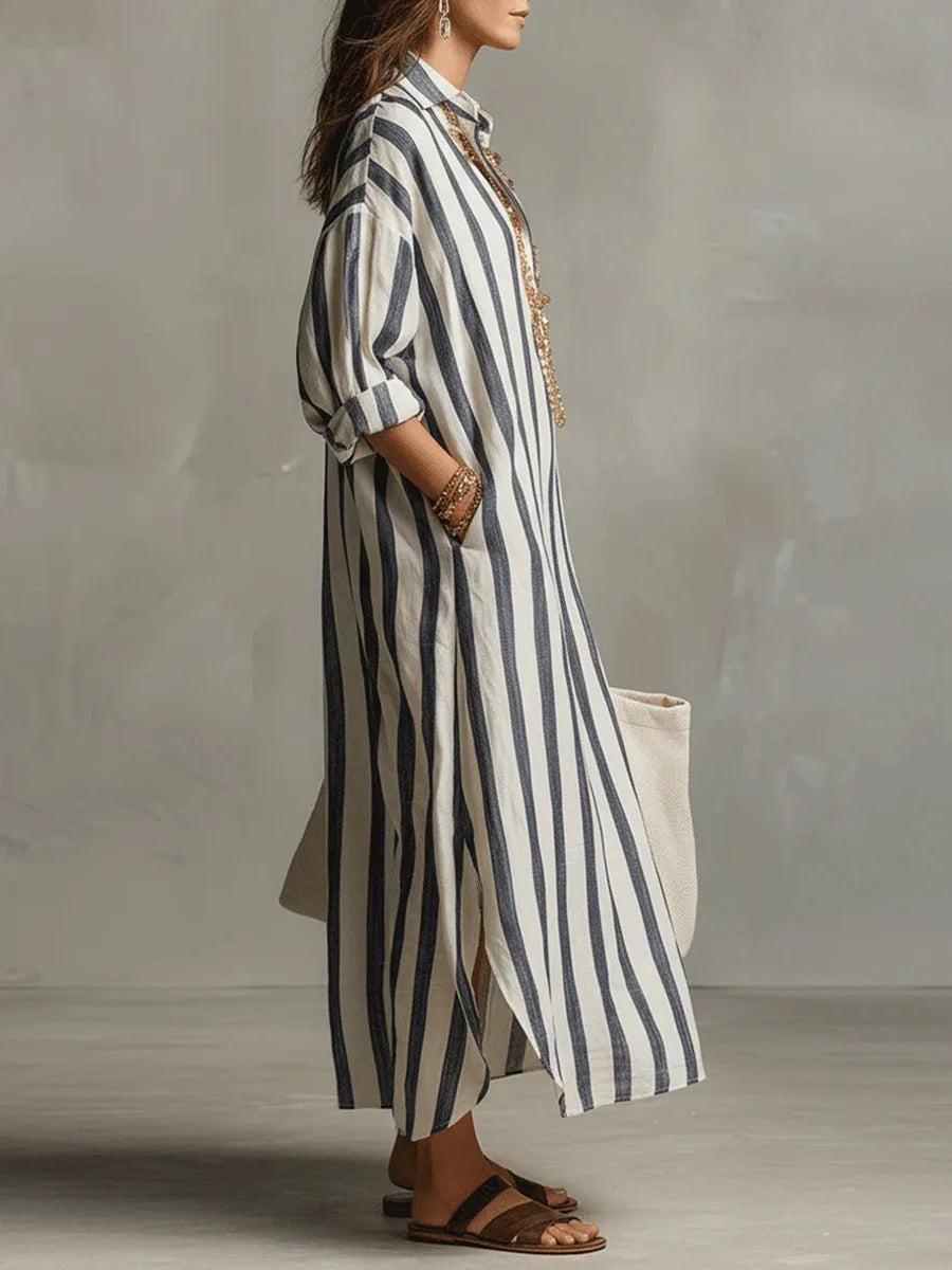 Scout | Striped Shirt Maxi Dress with Long Sleeves and Side Pockets