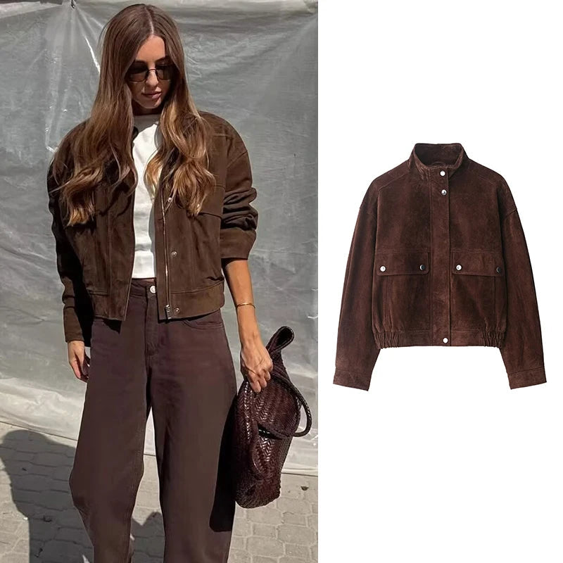 Women’s Cropped Suede Jacket with Snap Button Front and Utility Pockets