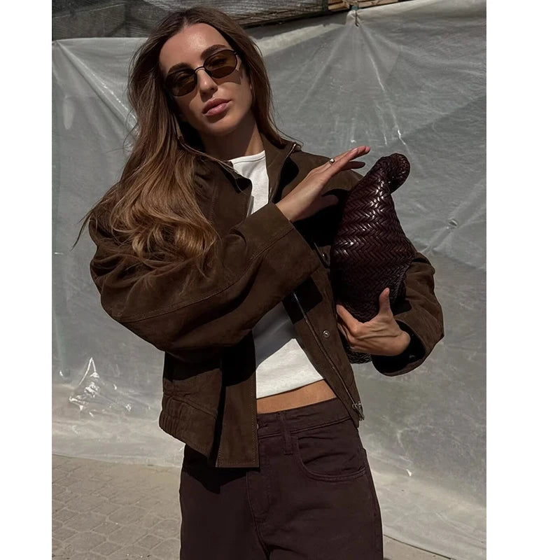 Women’s Cropped Suede Jacket with Snap Button Front and Utility Pockets