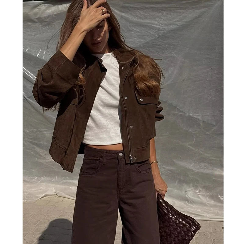 Women’s Cropped Suede Jacket with Snap Button Front and Utility Pockets