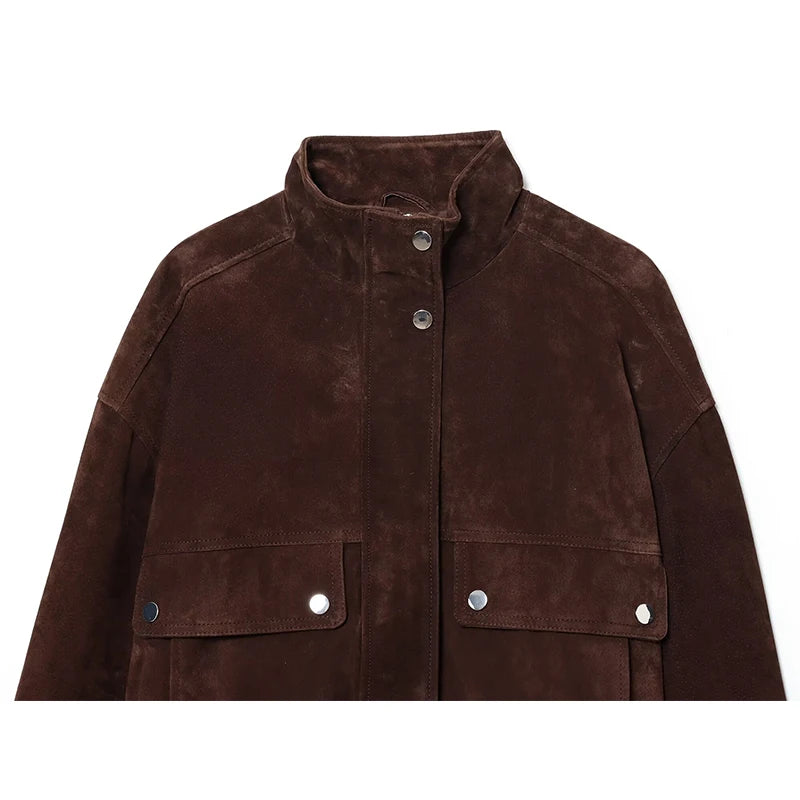 Women’s Cropped Suede Jacket with Snap Button Front and Utility Pockets
