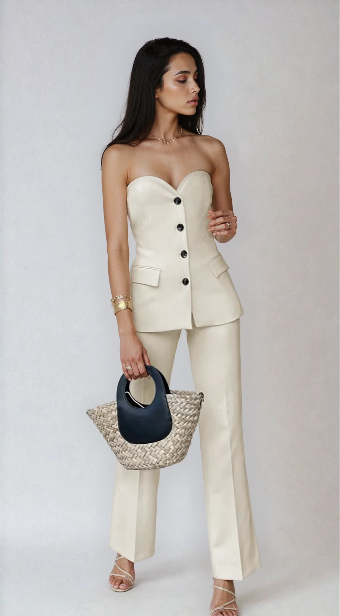 Elegant Strapless Tube Top With Wide Pants Set