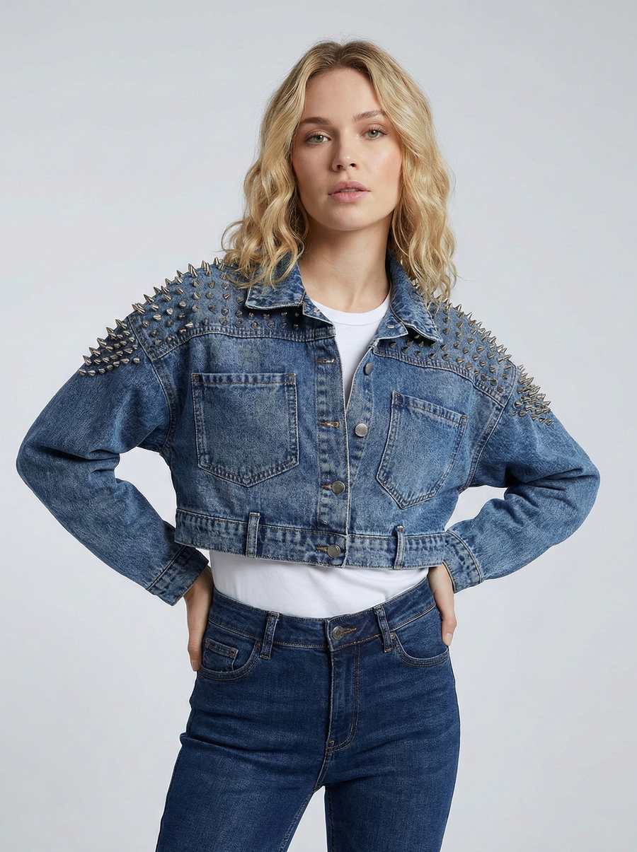 Women’s Cropped Studded Denim Jacket with Structured Shoulders and Statement Detail