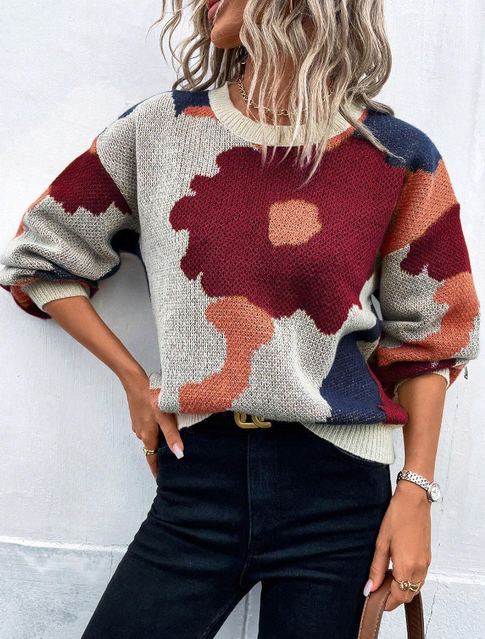 Floral Print Pullover Sweater for Women — Charming Knit