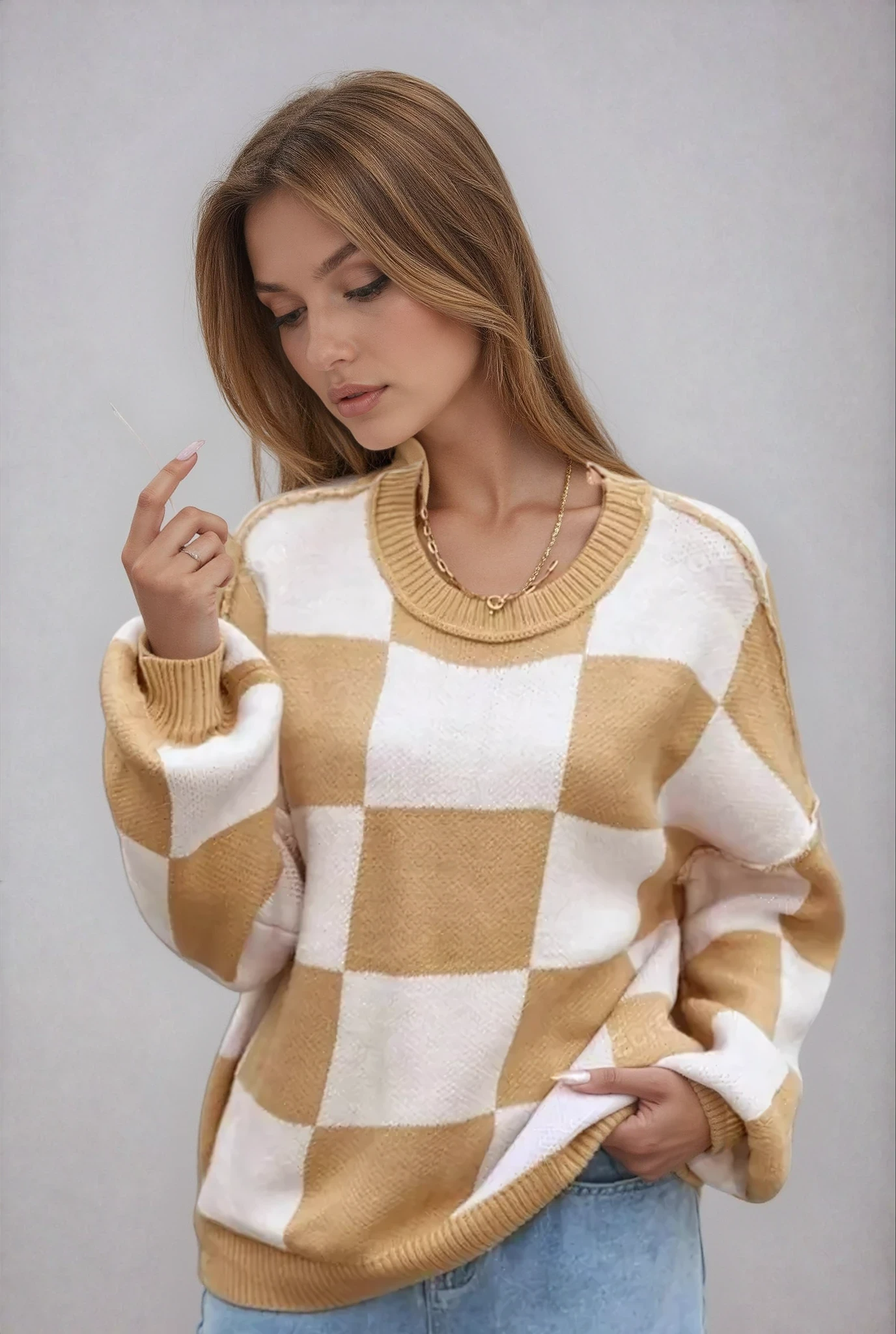 Women's Checkerboard Knitted Sweater