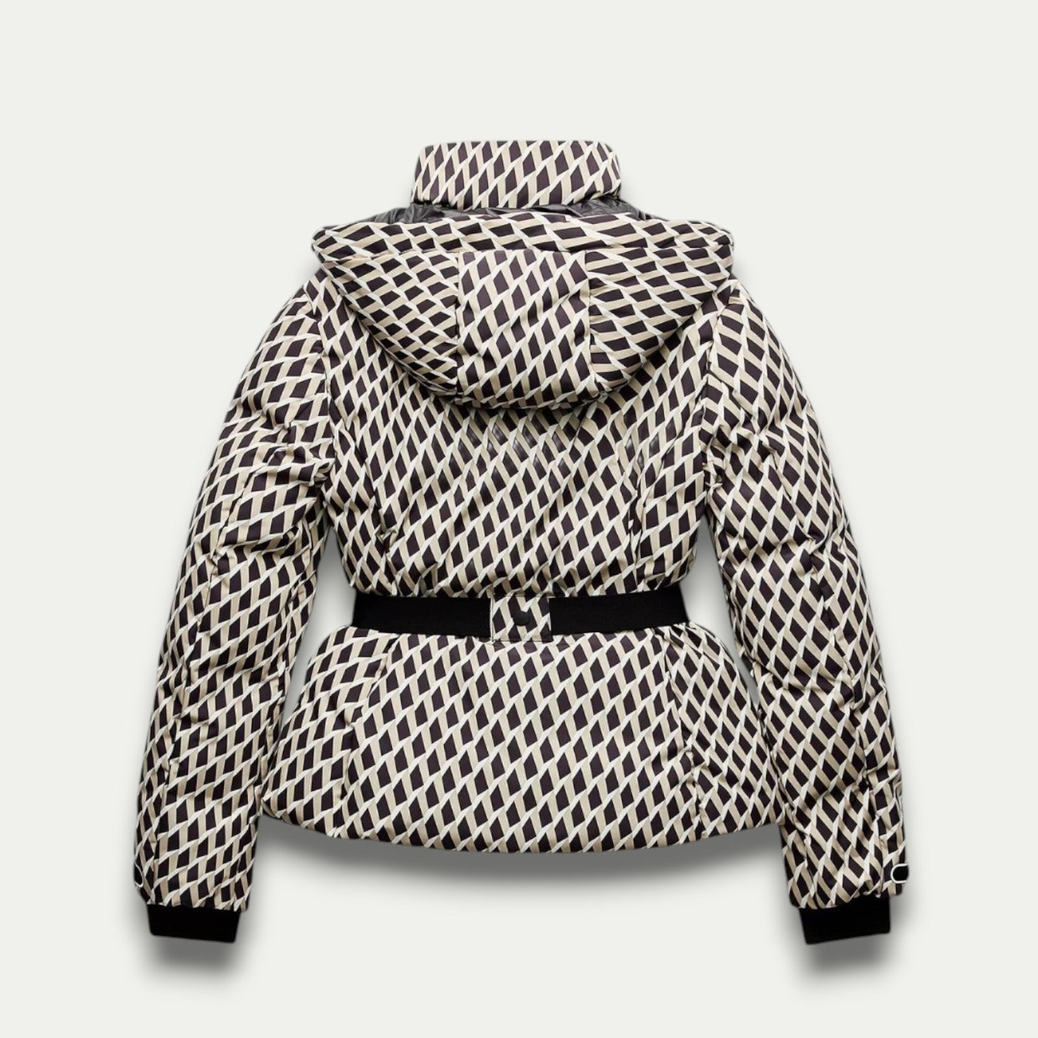 Women’s Belted Beige Patterned Puffer Jacket