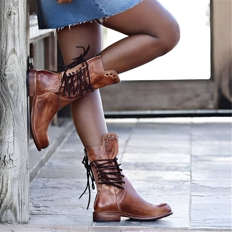 Studded Lace-Up Mid-Calf Boots with Low Heel for Women