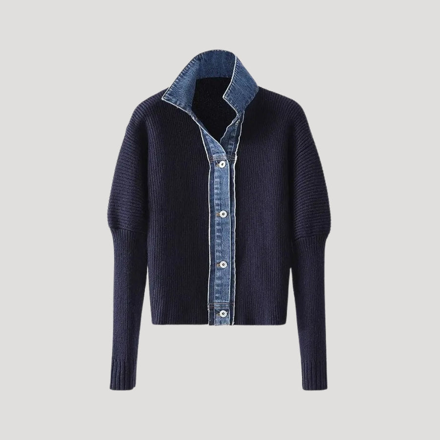 Navy Women's knit cardigan with denim trim