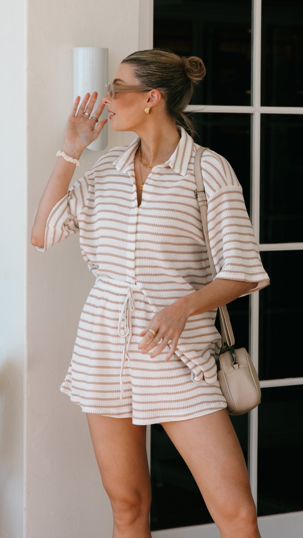 Beige Striped Knit Shirt & Shorts Set